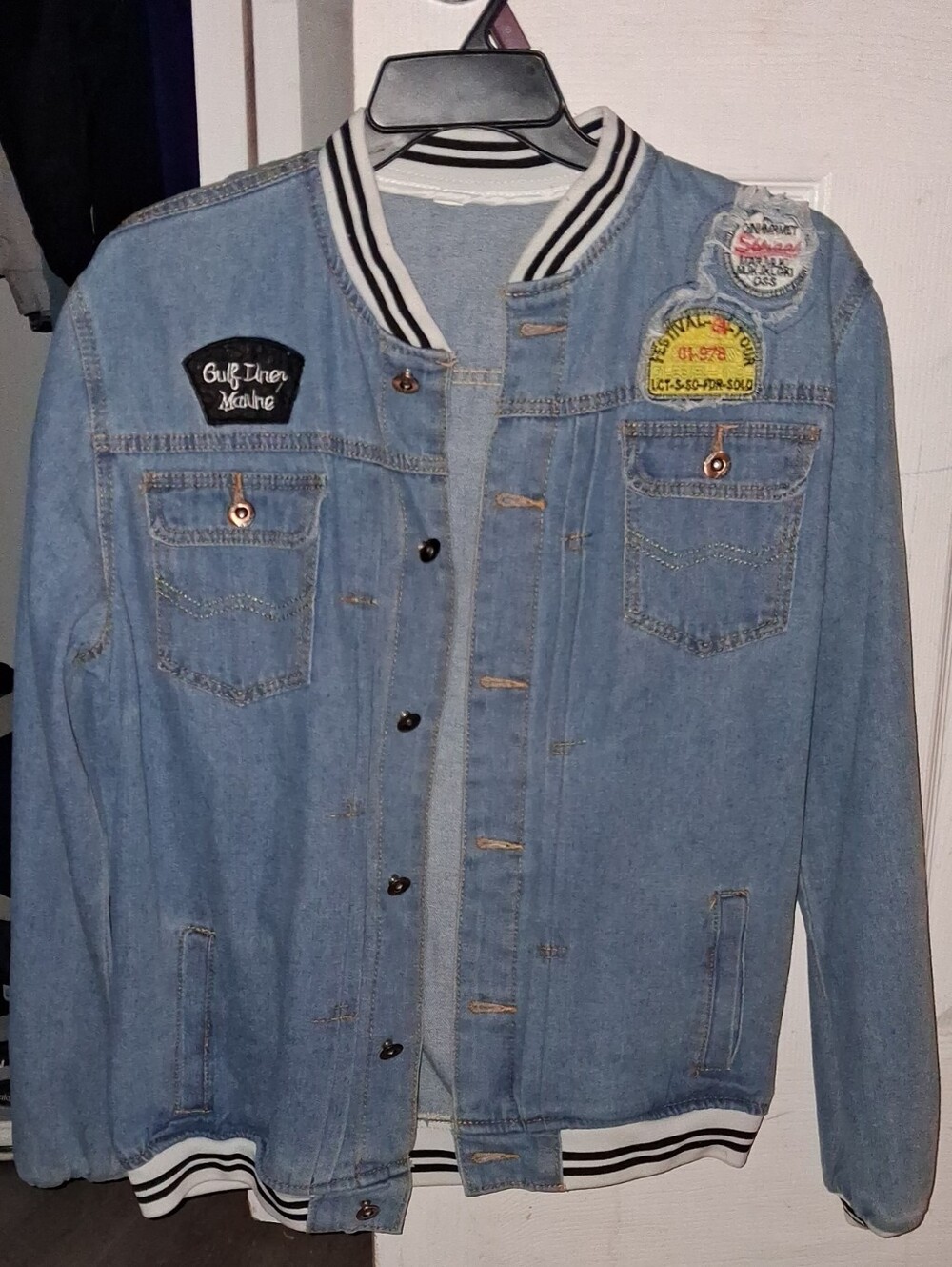 SHEIN Light Blue Denim Bomber Jacket with Patch Details